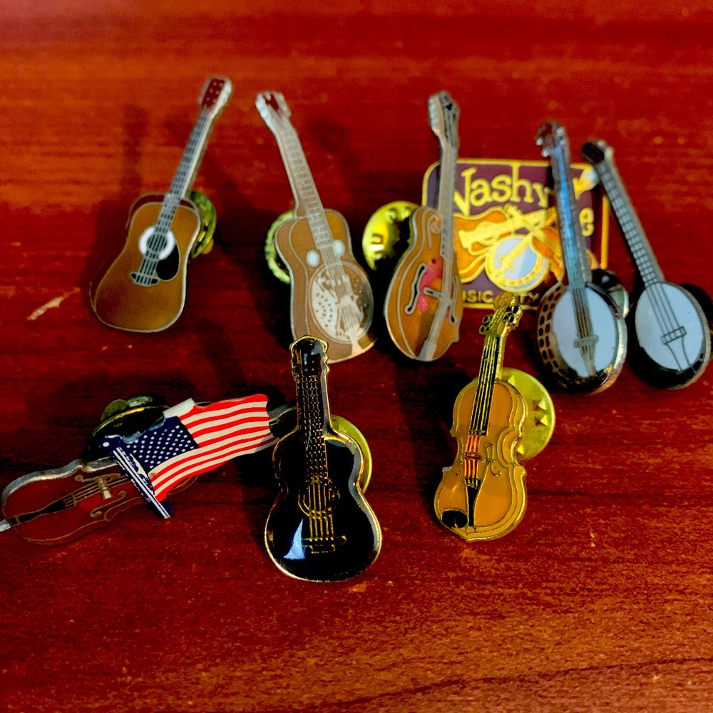 Collection of 9 Stringed Instrument Pins: Guitar, Banjo, Mandolin- Bluegrass!
